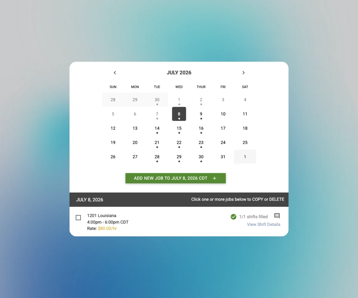 The event jobs calendar with a filled shift on July 8 at an eighty dollar hourly rate