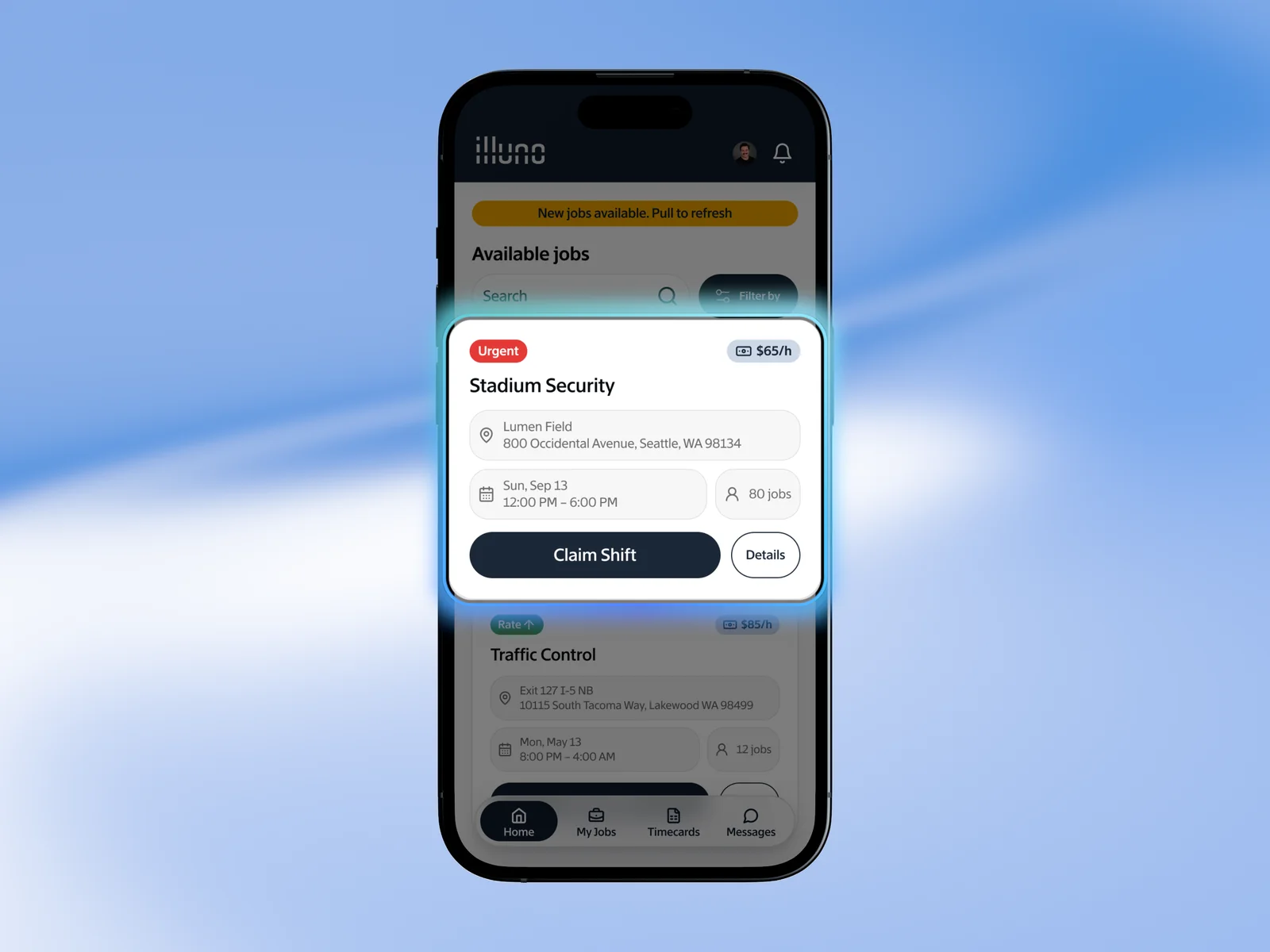 The illuno officer app home feed on a phone listing nearby off-duty shifts
