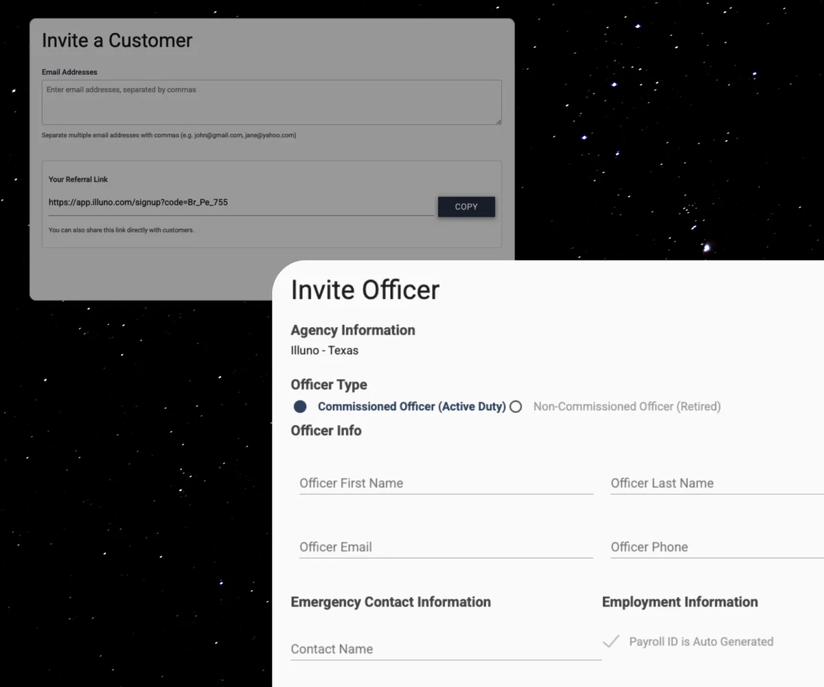 The invite officer form beside a faded invite-a-customer dialog with a referral link