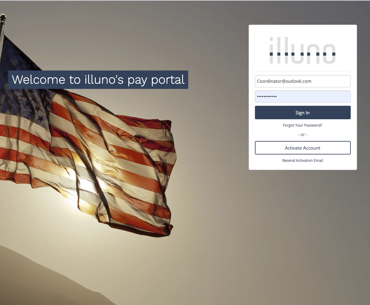 The illuno pay portal showing disbursements and payment status for officers and coordinators